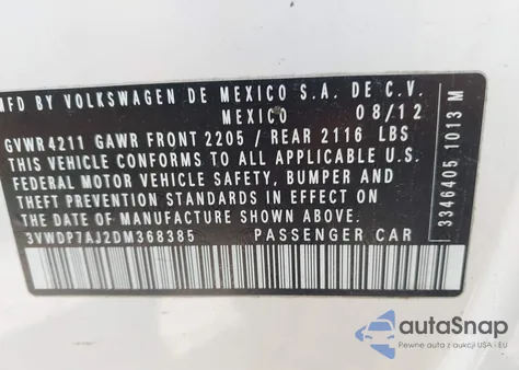 2013 Volkswagen Jetta 2.5L Se z USA, uszkodzony, nr VIN 3VWDP7AJ2DM368385